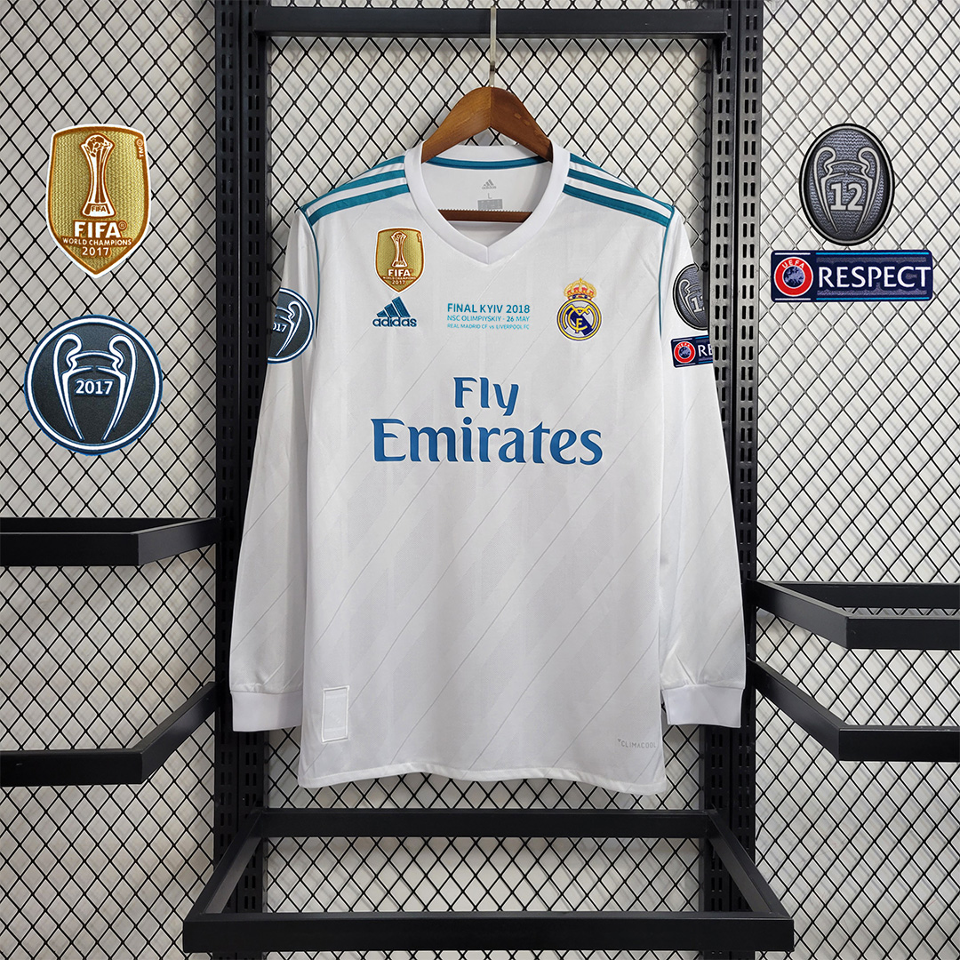 ManixJersey.com | Retro Real Madrid 17-18 Home Long Sleeve Jersey - with Champions League Final Final -Customize Name, Number and Patch | Worldwide Shipping