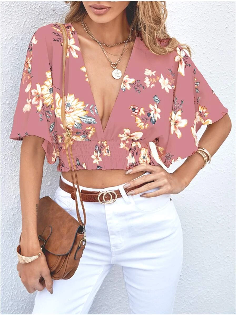 Shirred Deep V Neck Floral Blouse111