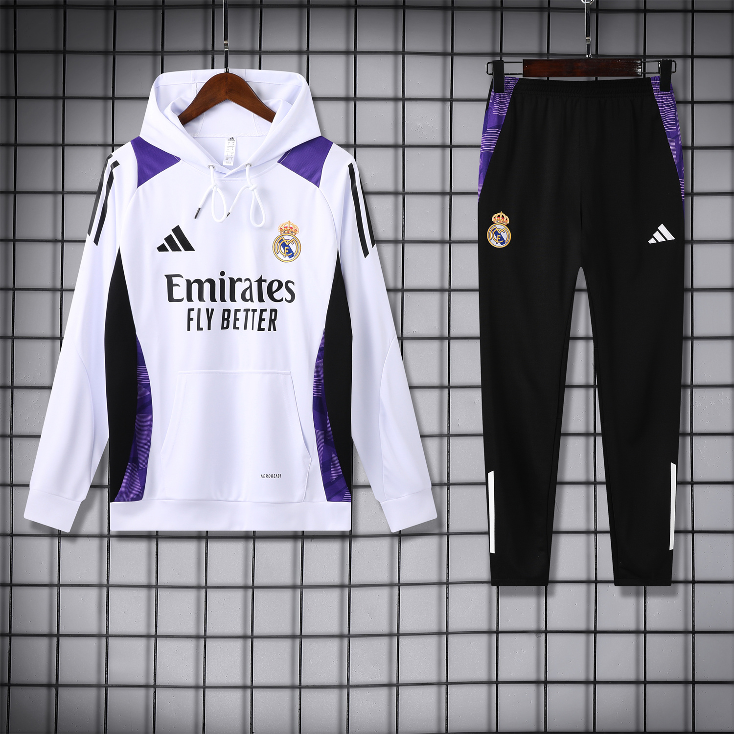 SIUjerseys-Real Madrid 24-25 Training Hoodie Set - White Hoodie and Black Pants