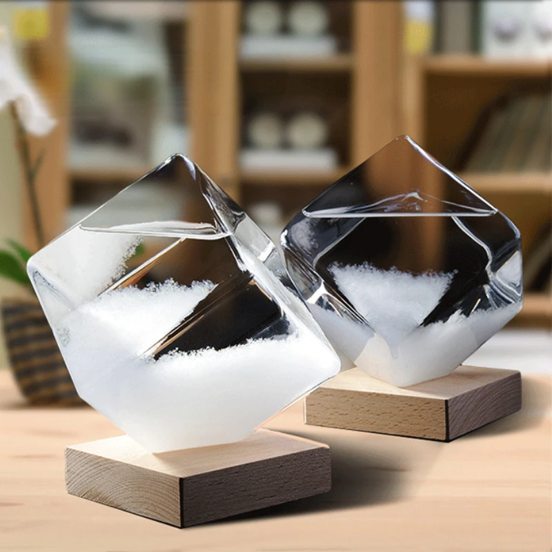 Square Weather Forecast Bottle Blue Ocean Predictor Monitor Glass Storm Bottle with Wooden Base Room Ornaments Birthday Gifts