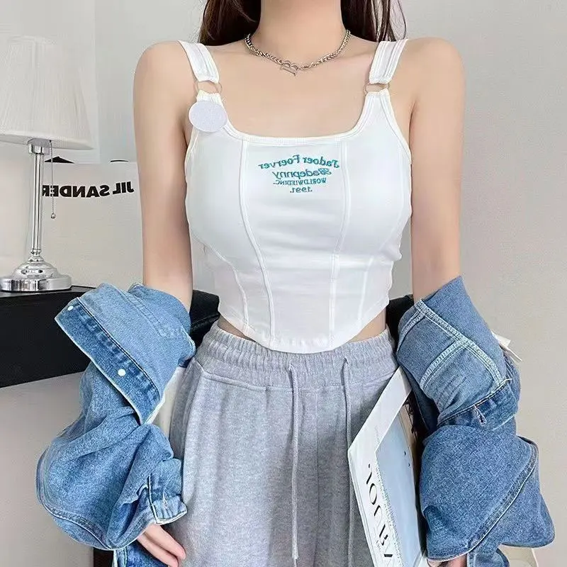 Summer Sleeveless 90s 00s Vintage Clothes Y2K Women Tops Crop Top Letter Tank Tops With Pad Camisole Female Sexy T-shirt Vest