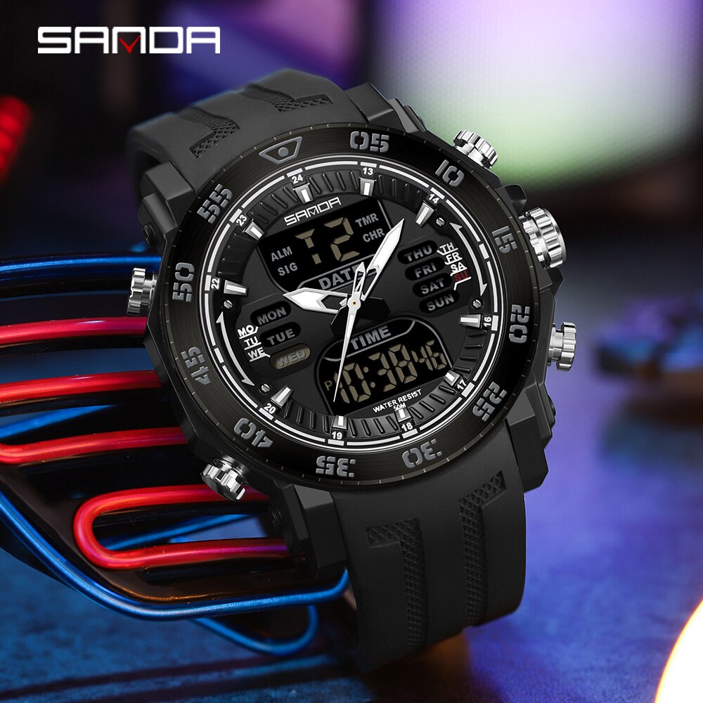 SANDA 2023 Men Watches Sport Military Quartz Watch 50M Waterproof Wristwatch for Male LED Digital Clock Relogios Masculino 6029