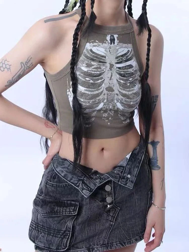 Gothic women's top retro women's Y2K T-shirt vest skull print Grunge women's fashion casual cut top EMO