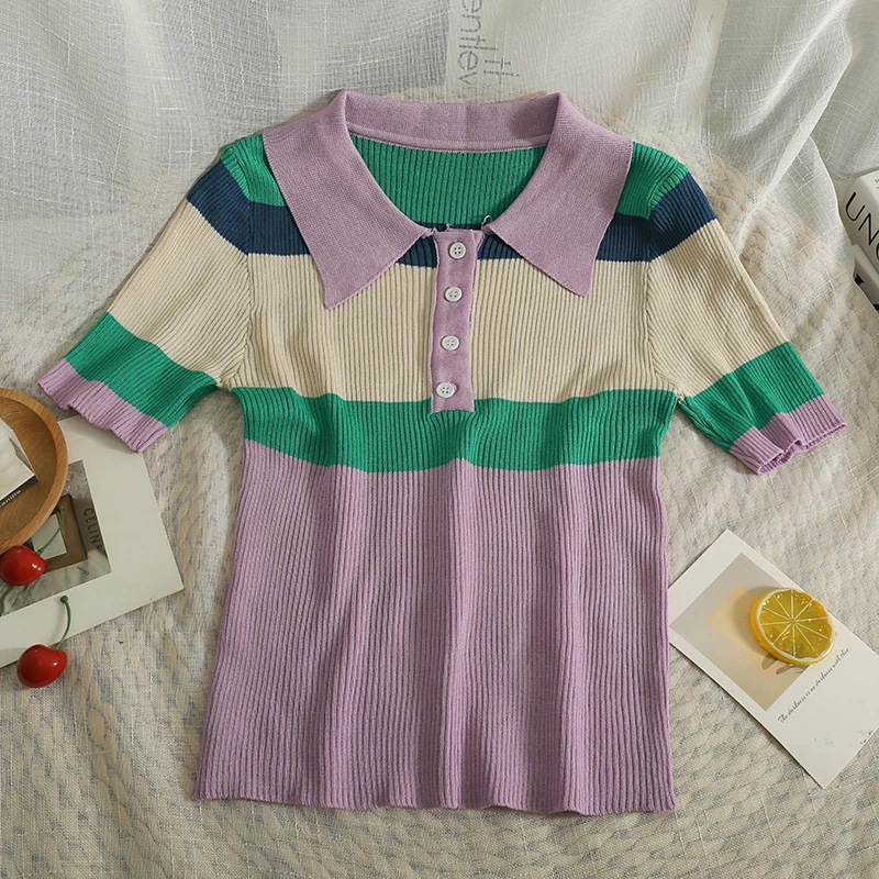 Pearl Diary Korean Version Contrast Color Stripe Turndown Collar Top Women Summer New Style Thin T-Shirt All-Match Knitting Top