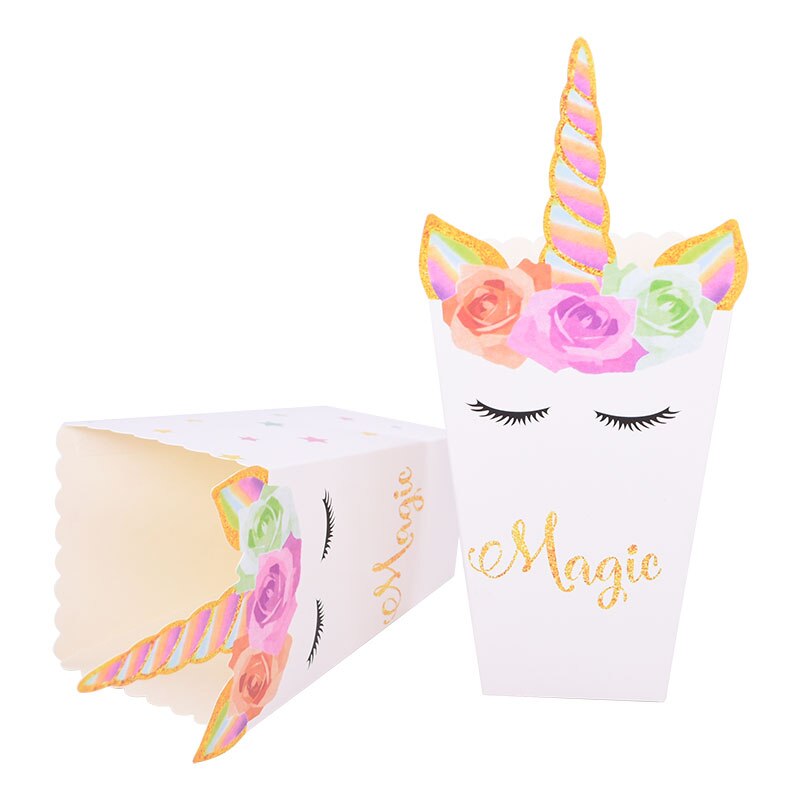 10pcs Unicorn Party Supplies Paper Popcorn Box Gift Box Candy Cookies Bags Unicorn Theme Party Popcorn Bags Baby Shower Favors