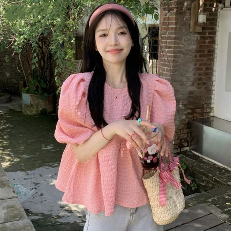 Sweet Cute Blouses Women Korean Bandage Puff Short Sleeve Shirts Summer Vintage Kawaii Bow Lace Up Loose Casual All Match Tops