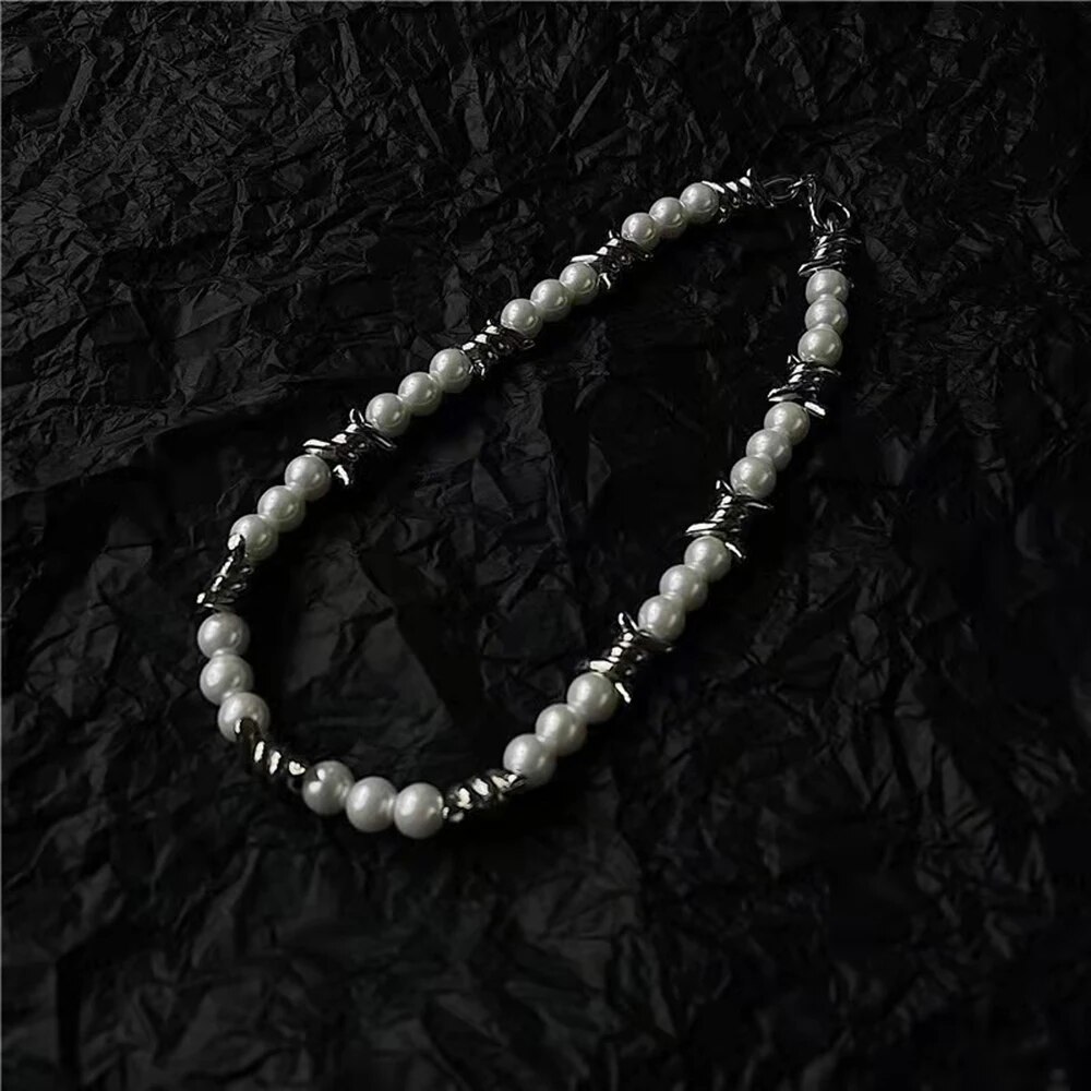 Fashion Stitching Thorns Chain Pearl Beaded Necklace Men Jewelry 2022 Trend Street Hip-hop Necklaces Jewelri Man Punk