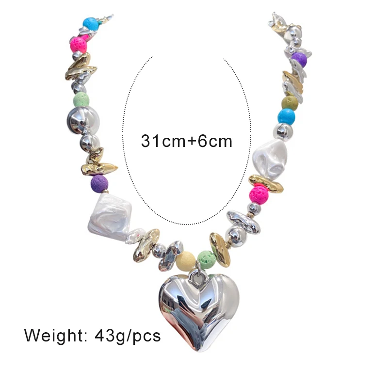 Multi Colors Large Heart Necklace For Women Irregular Metal Colorful Mixed Acrylic Stone Beads Girls Party Fashion Jewelry C1182