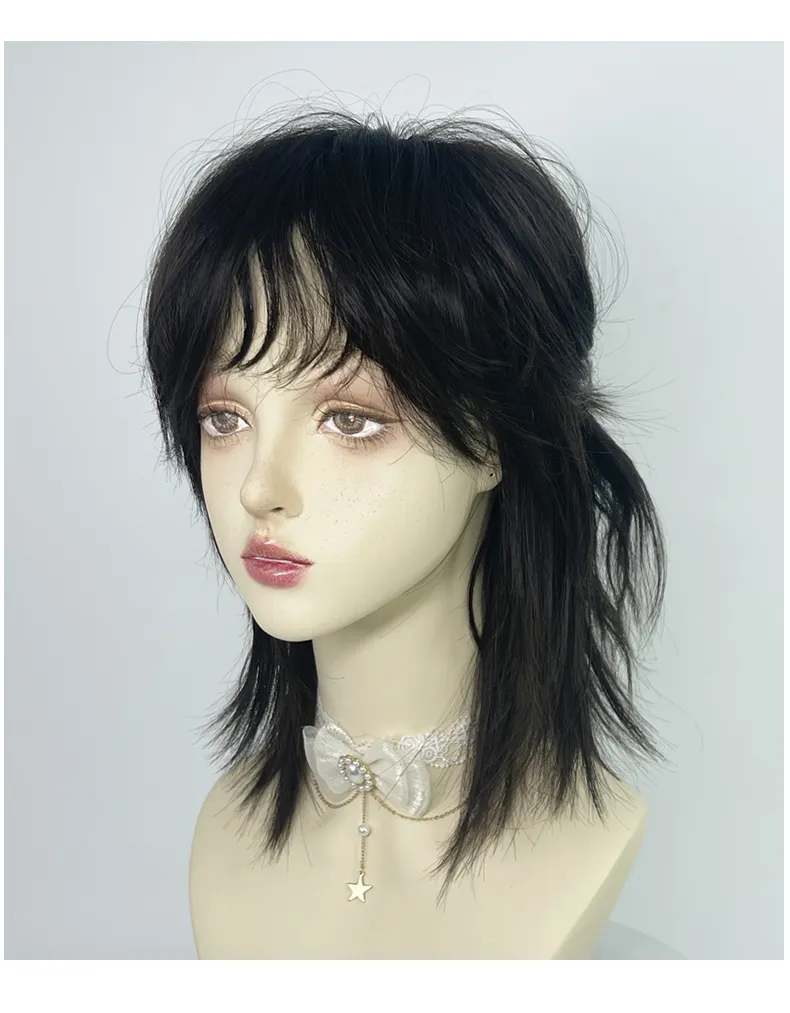 VICWIG Mullet Head Wig Short Synthetic Straight Black Fluffy Natural Wolf Tail Hair Men and Women Wig for Daily Party Cosplay
