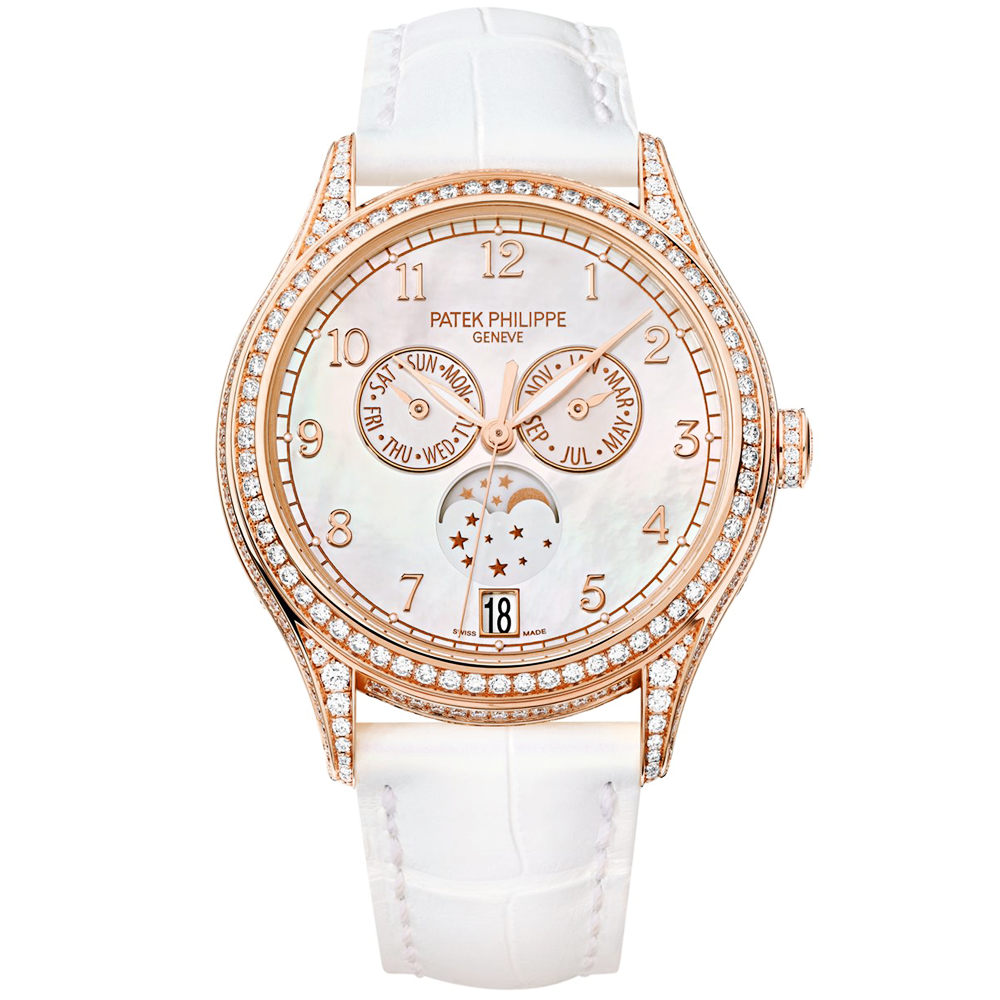 Patek Philippe Annual Calendar 18ct Rose Gold Diamond Case Mother Of Pearl Dial Ladies Leather Strap Watch