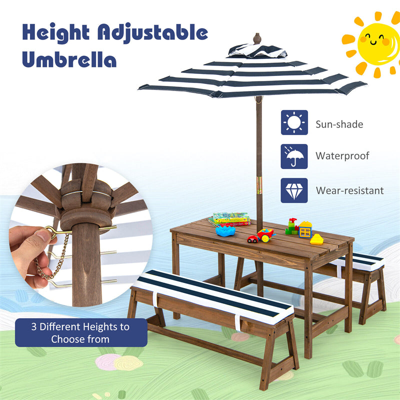 Wooden Kids Picnic Table Bench Set Children Outdoor Activity Table with Cushions & Height Adjustable Umbrella