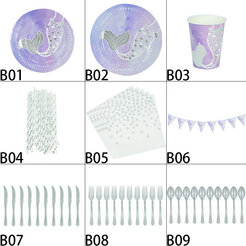 Mermaid Birthday Party Decorations Party Disposable Tableware Sets Kids Birthday Party Baby Shower Favors Decorations Supplies