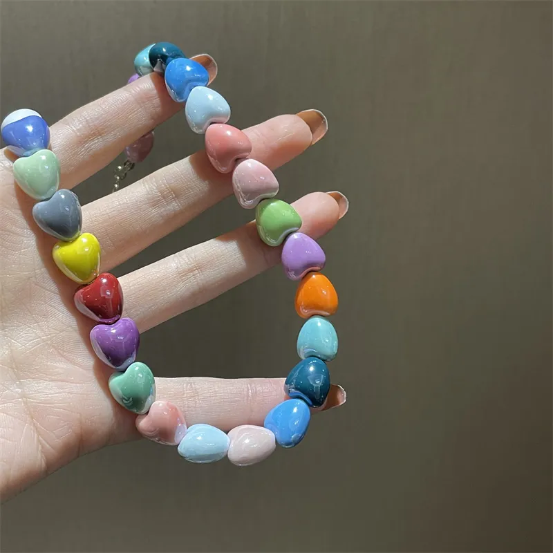 New Fashion Multicolor Ceramics Heart Beaded Necklace for Women Sweet Charm Love Clavicle Chain Jewelry Wholesale Ornamnet Gift