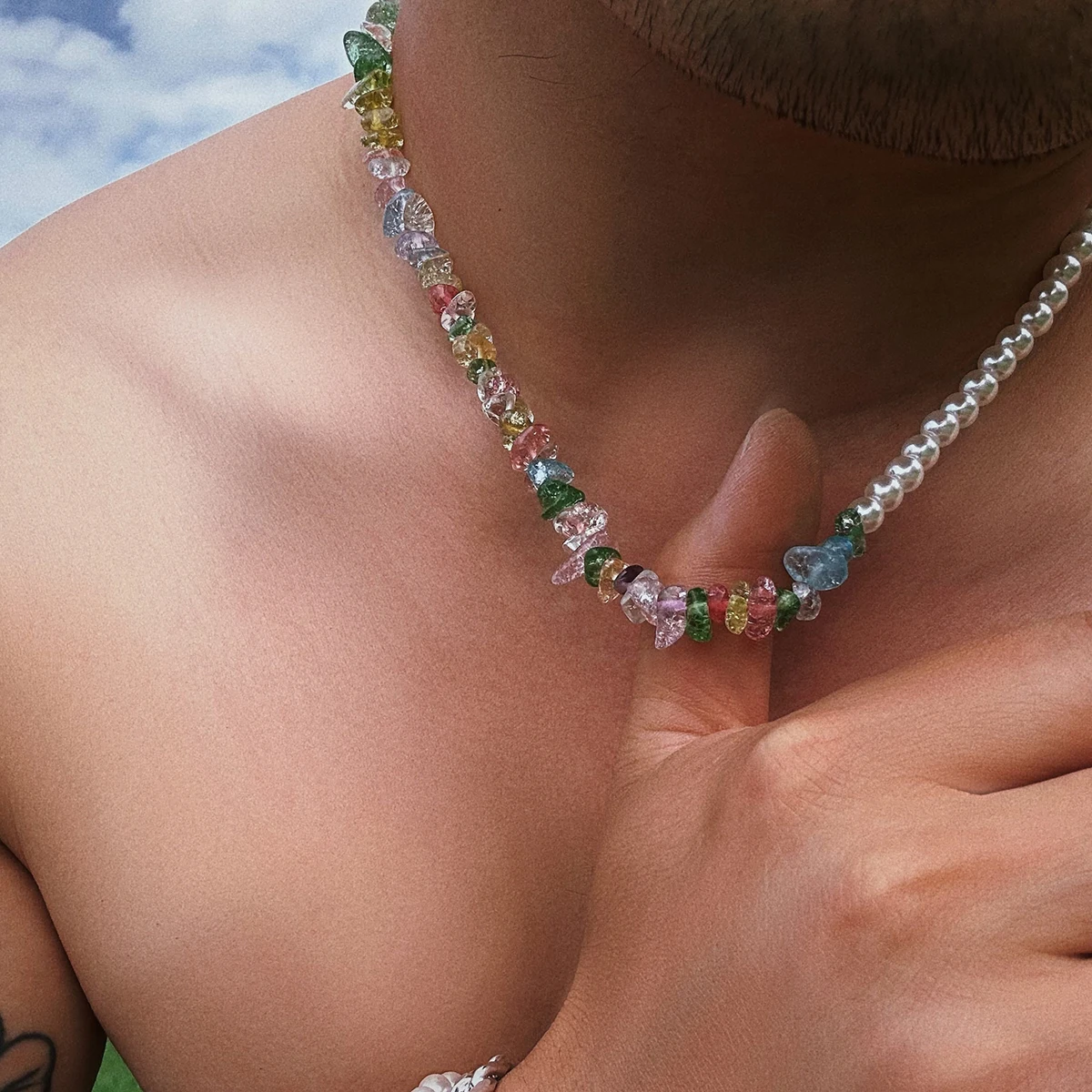 KunJoe Men's Transparent Colorful Irregular Glass Crystal Imitation Pearl Choker Necklace Women Boho Beads Short Collares Y2K