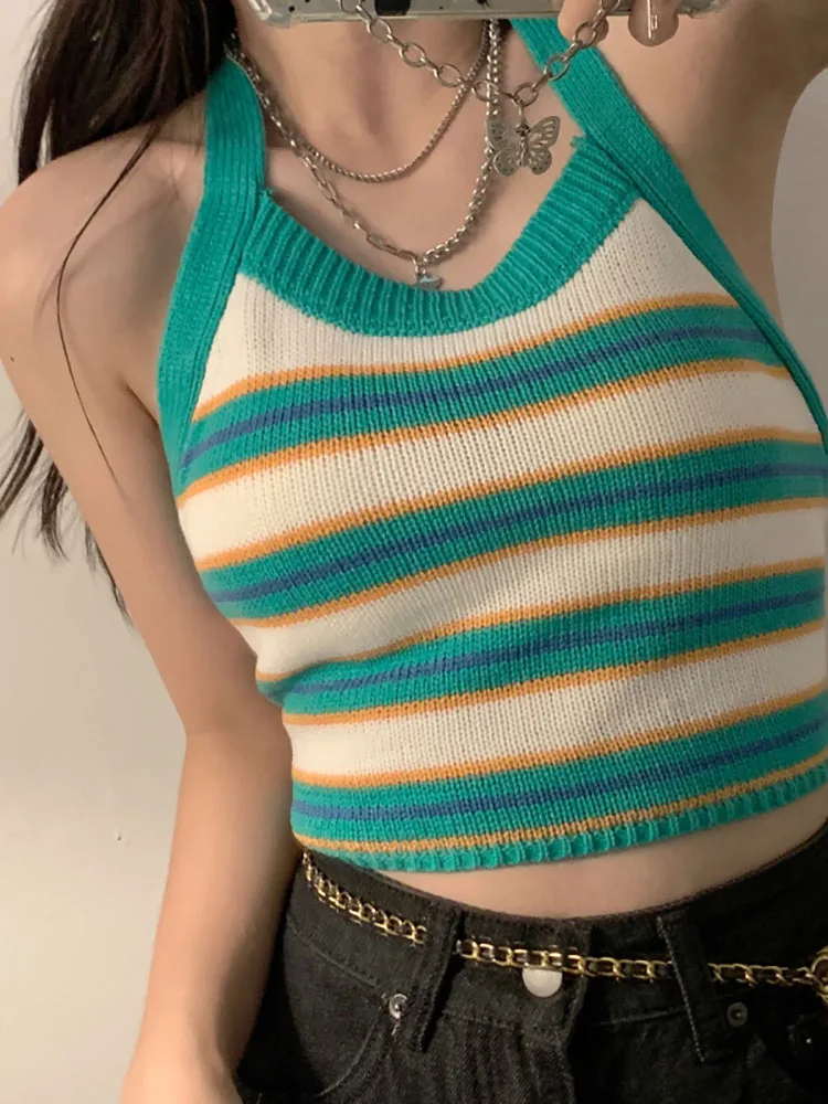 HELIAR Top Women Stripes Crop Tops Knitted Halter Y2K Tops Backless Bandage Round Neck Strappy  Sexy Crop Tops Women Summer 2023