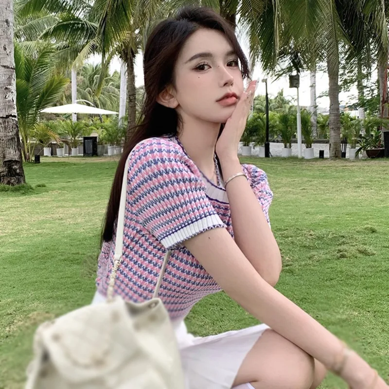 Women O neck girl style short slim knit short sleeved T-shirt top