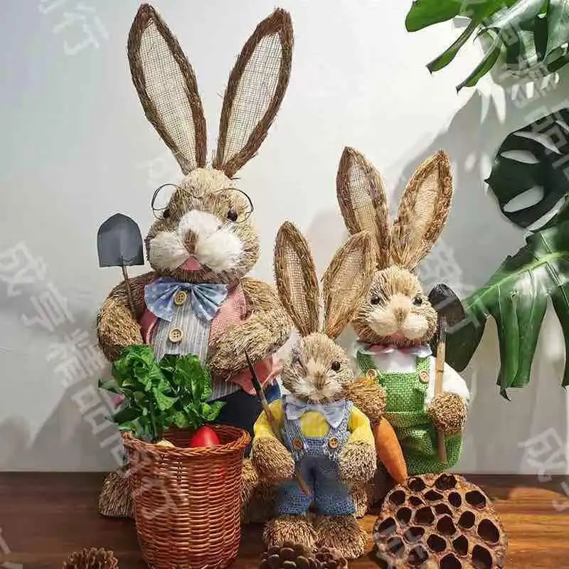 4PCS  Year Easter Straw Easter Rabbit Decoration with Clothes Happy Easter Home Garden Wedding Ornament Photo Props Crafts Bunny