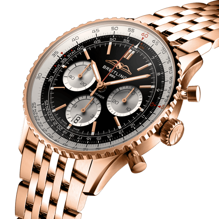 Breitling’s iconic pilot’s chronograph – for the journey.
In 1952, Willy Breitling developed a wrist-worn chronograph with a circular slide rule that would allow pilots to perform all necessary flight calculations. Two years later, the Aircraft Owners and Pilots Association (AOPA) announced the design as its official timepiece. The “navigation timer” – or Navitimer – was born. 
The AOPA was (and remains) the largest pilots’ club in the world, counting nearly every US aviator among its ranks. As the defacto pilot’s watch throughout the glory days of civil aviation, the Navitimer was worn by airline captains and aircraft enthusiasts. It even made its way into space on the wrist of astronaut Scott Carpenter in 1962. And it wasn’t only pilots drawn to the watch’s irrepressible aesthetic. Celebrities of the day such as Miles Davis and Serge Gainsbourg were devotees, proving that the Navitimer had style as well as function. 
There have been many iterations of Breitling’s icon since its debut 70 years ago, but this new Navitimer captures its most classic features, while enhancing them with modern refinements. A flattened slide rule and a domed crystal create the illusion of a sleeker profile. Alternating polished and brushed metal elements give a lustrous, yet understated finish. Most notably, new colors in shades of blue, green and copper, define the updated dial options. And if there is one update sure to spark nostalgia, it’s the return of the AOPA wings to their original position at 12 o’clock. 
For 70 years, Breitling’s original pilot’s watch has been beloved by aviators and tastemakers in equal measure. Worn by astronauts in space and the biggest stars on earth, it is Breitling’s most iconic timepiece and one of the most recognizable watches of all time.