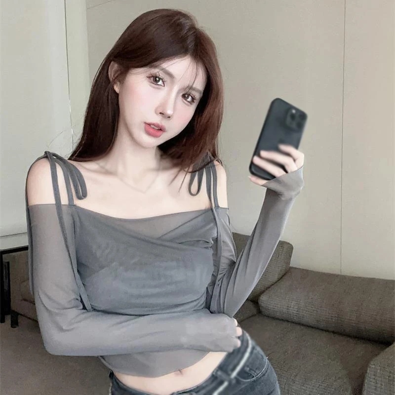 Women's top French style Mesh Sunscreen Women's Off shoulder Strap T-shirt