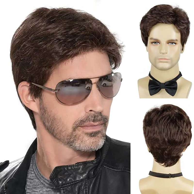 Men's Short Brown Wig Synthetic Hair Smooth Natural Pixie Cut Toupee Curly Heat Resistant Wigs For Male Men Black