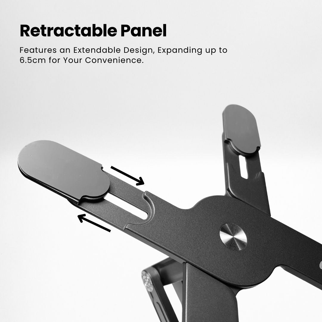 Close-up of the Super Laptop Stand's retractable panel extended for user convenience | Cyber Vintage | Grey