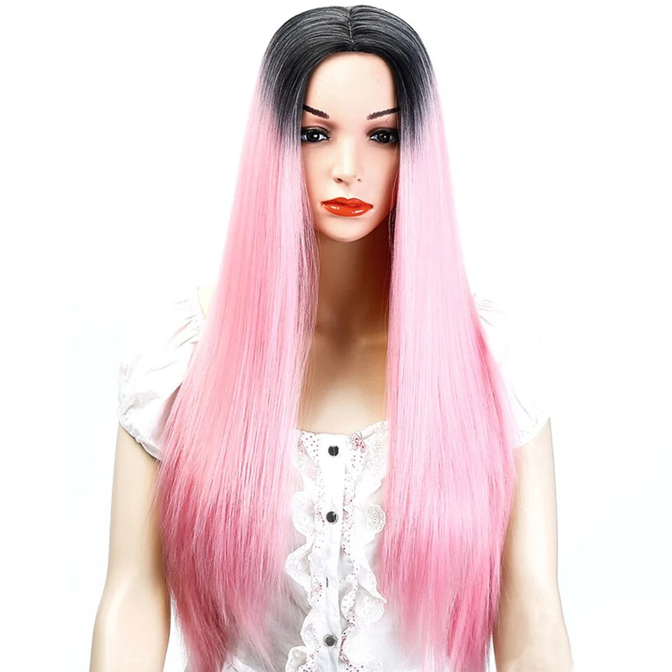 LUPU Synthetic Miss African American Sister with Long Straight Hair, For Girl Pink Mixed Gold Long Hair Wig Heat Resistant