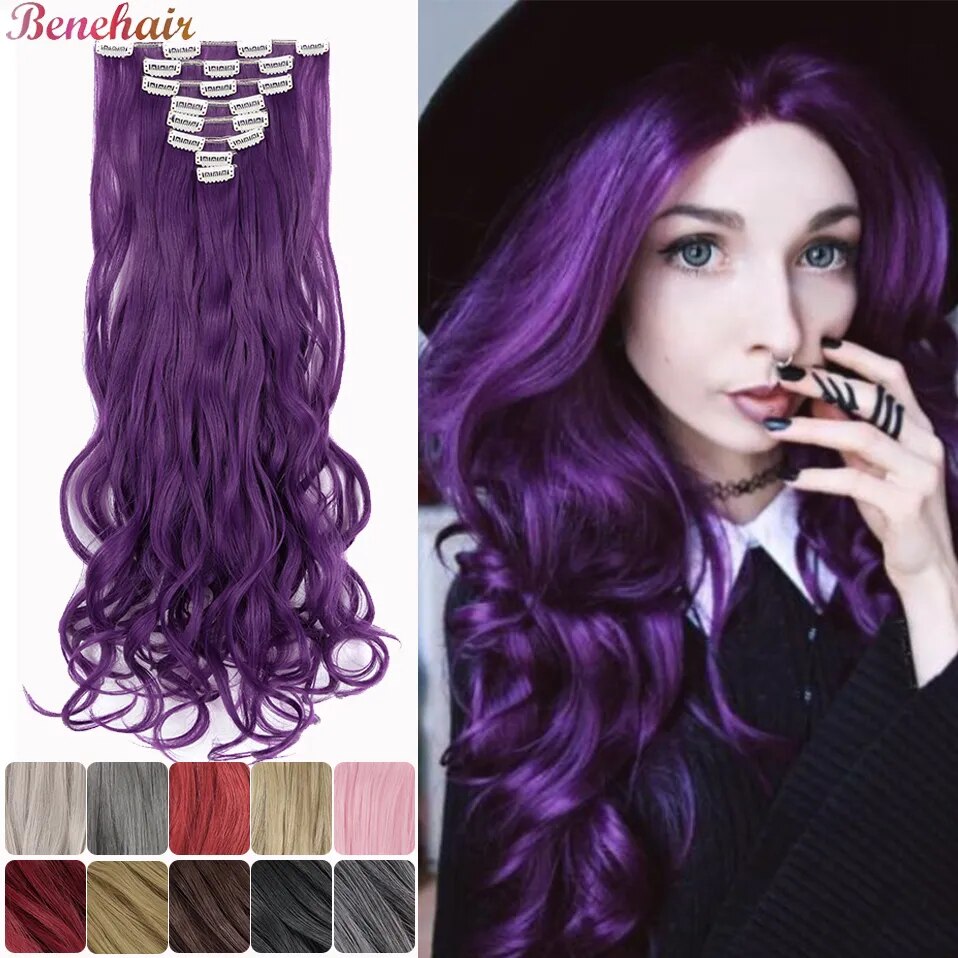 Benehair 24'' 8pcs Long Wavy Synthetic Clip In Hair Extensions Wave Black Purple Blonde Hairpieces For Women 2021 New Hair Fiber