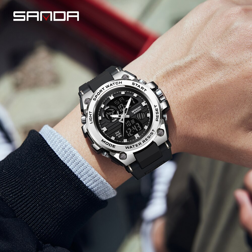 SANDA 2023 Sports Military Men's Watches Dual Display Analog Digital Quartz Wristwatches 50M Waterproof Relogios Masculino 9011