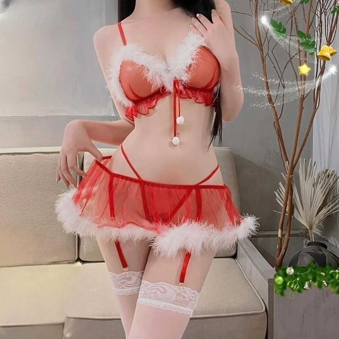 Fun Lingerie red Plush Sexy Lingerie Set Red Christmas Bra+Mini Skirt Christmas Fun Set Exotic charm Party attire