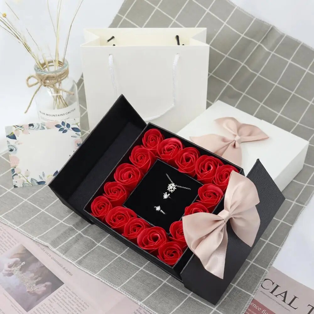 Delicate Eternal Life Rose Box Magnetic Square Double Door Bowknot Design Valentine's Day Packaging Display Case Organizer