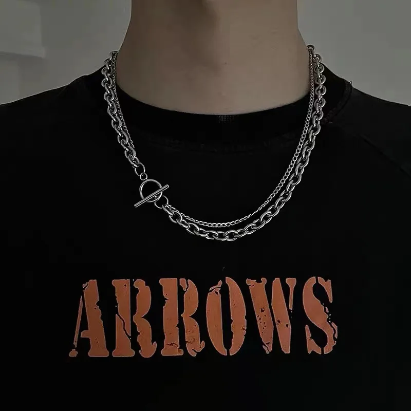 Mens Jewellery Hip-hop Double Layer OT Chain Necklace for Men Stainless Steel Necklace Punk Party Jewelery Gift Collar Hombre