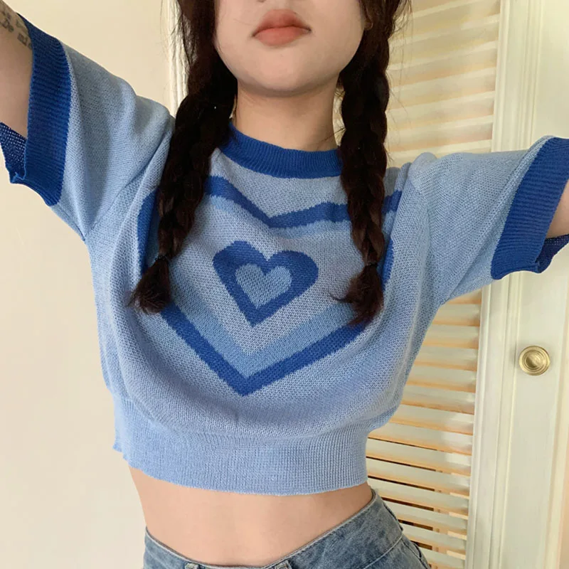 Summer Women's T-shirts Short Sleeve Ice Silk Slim Fit Jacquard Breathable Knitted Tops