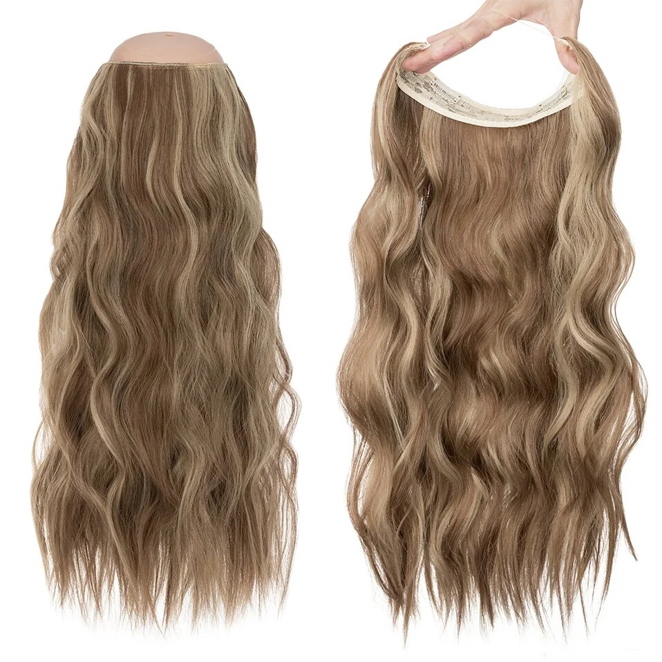 BENEHAIR Synthetic Invisible Wire Hair Extensions Adjustable Long Clip in Wave Curly Secret Hairpiece for Women Fish Line Hair