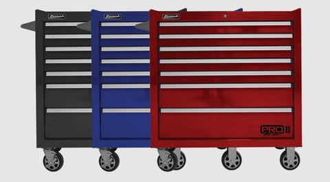 Three Homak 36 Pro II 7-Drawer Roller Cabinet In Black, Blue, And Red Colors With Wheels