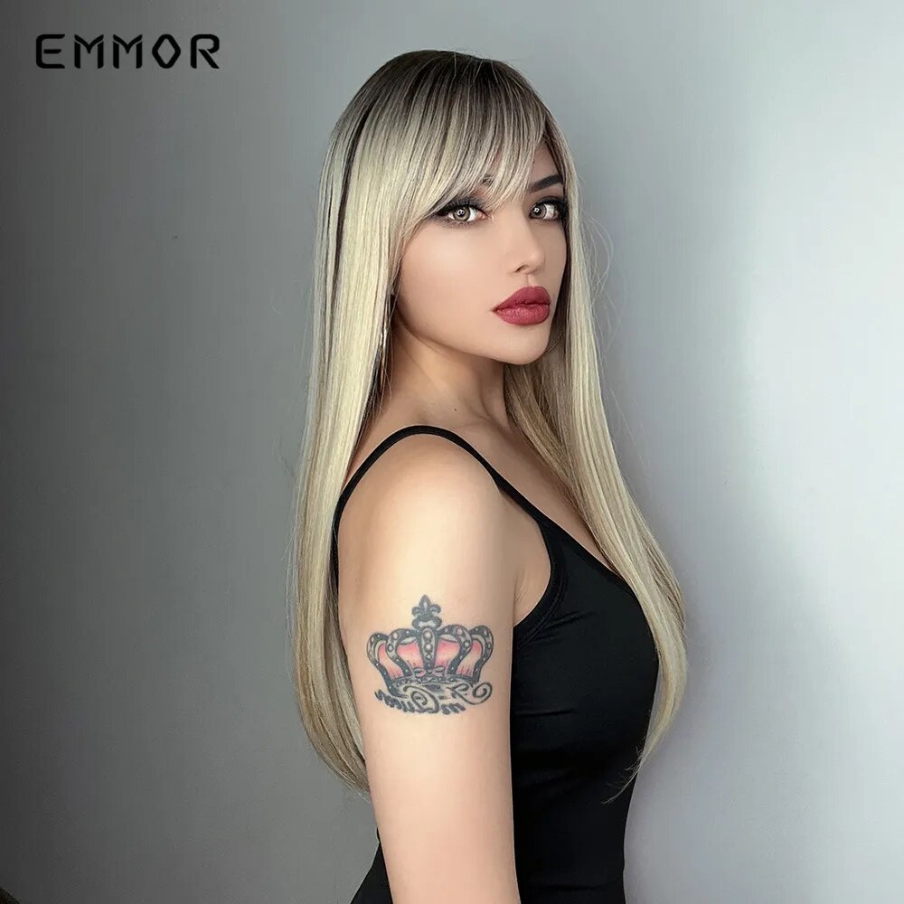 Emmor Synthetic Ombre Black to Blonde Wigs for Women Natural  Straight Hair Wig Cosplay Wigs High Temperature Fiber with Bangs