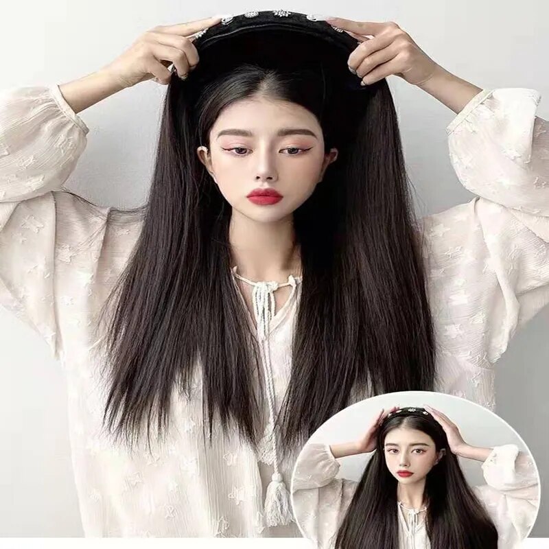 New Hair Hoop Hair Band Wig Female One-piece Long Straight Hair Full Set Of Korean Daily Four Seasons Net Red Full Head Set Real