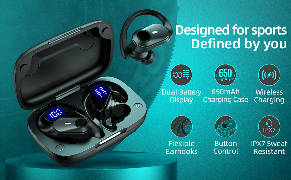 Bluetooth Headphones with Dual Battery Display & Wireless Charging Case Designed for Sports