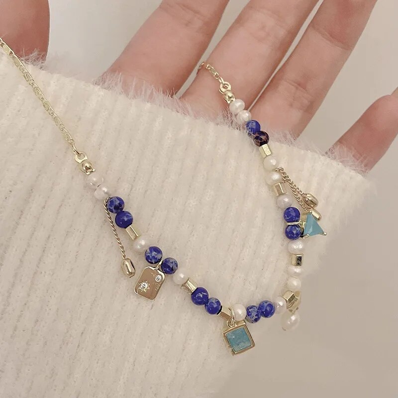 Korean Original Design Klein Blue Beaded Freshwater Pearl Necklace Women Retro New Ins Style Necklace Female Fashion Jewelry