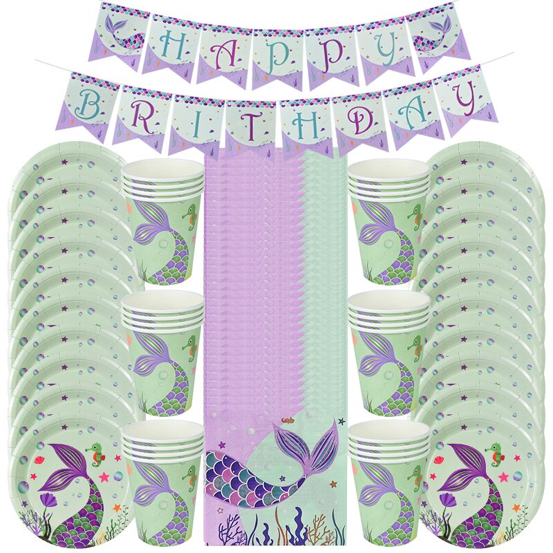 1Set Mermaid Party Disposable Tableware Napkin Plates Cups Banner Baby Shower Favor Girls Birthday Party Decoration