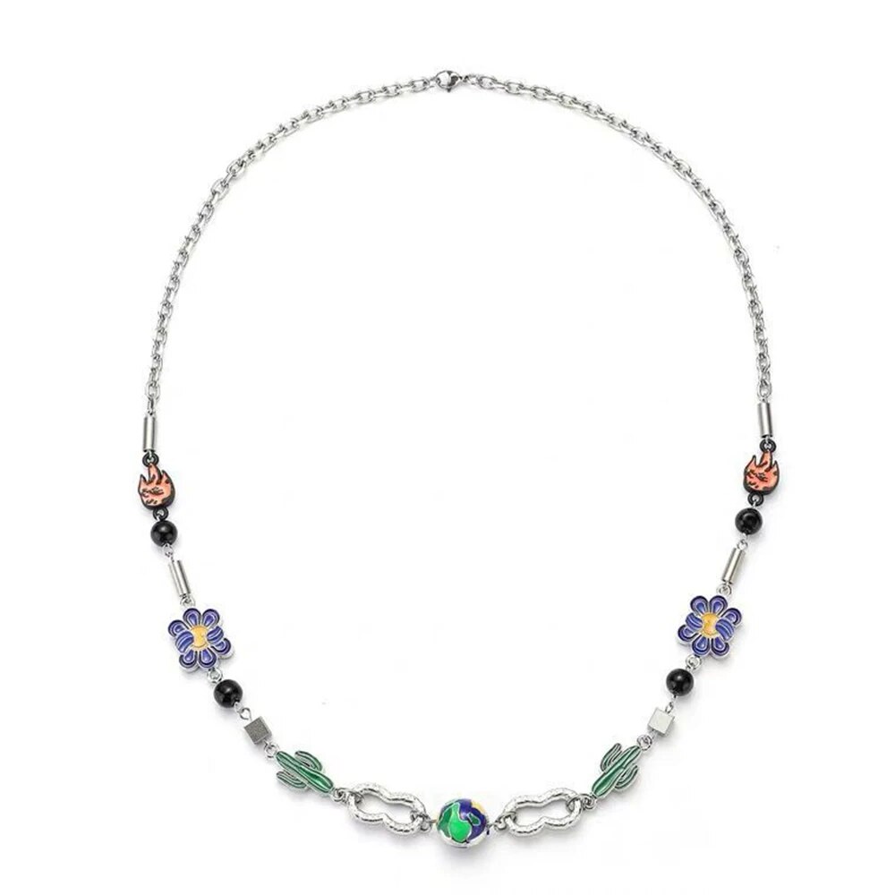 Trendy Brand Cactus Planet Charm Necklace Men Women Fashion Hip hop Stainless Steel Long Sweater Chain Street Hip hop Jewelry