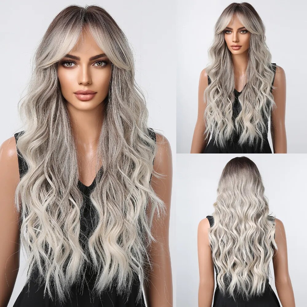 Black Ombre Blonde Platinum Wave Synthetic Wigs Long Grey Ash Hair Wigs for Women Daily Cosplay Party Heat Resistant Wig