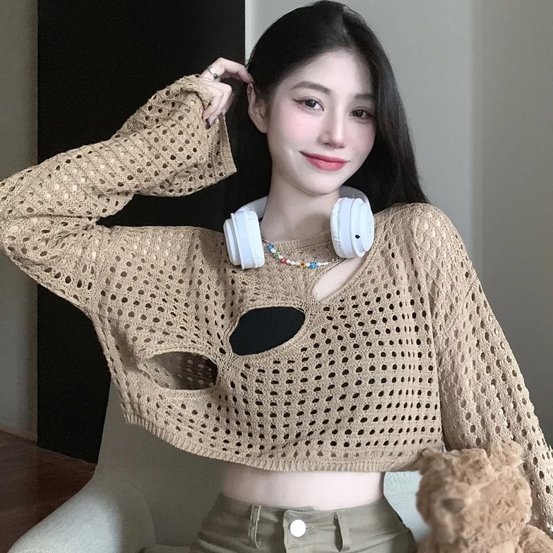 Mesh Loose See-through  Tops Knitted round Neck Women's Blouses