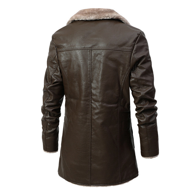 PU Leather Jacket Men Long Style Solid Men' Streetwear Fleece Casual Mens Clothing Pockets Breasted Leather Coat Outwear