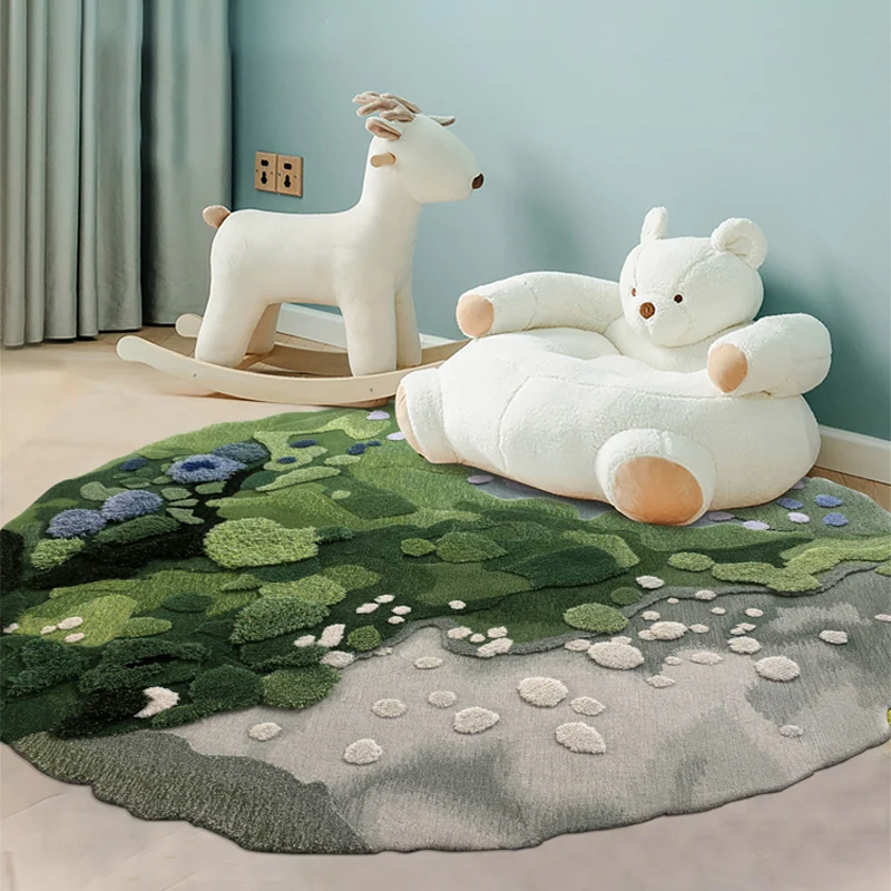Handmade Green Forest Oasis 3D Wool Moss Carpet for Living Room Bedroom Bedside Area Rug Tufting Plush Large Size Round Tapetes