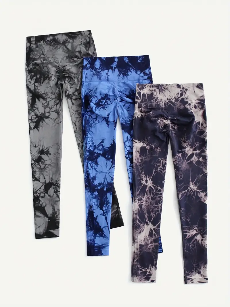 3pcs tie dye high waist sports leggings running workout fitness yoga tight pants womens activewear wide waistband details 46