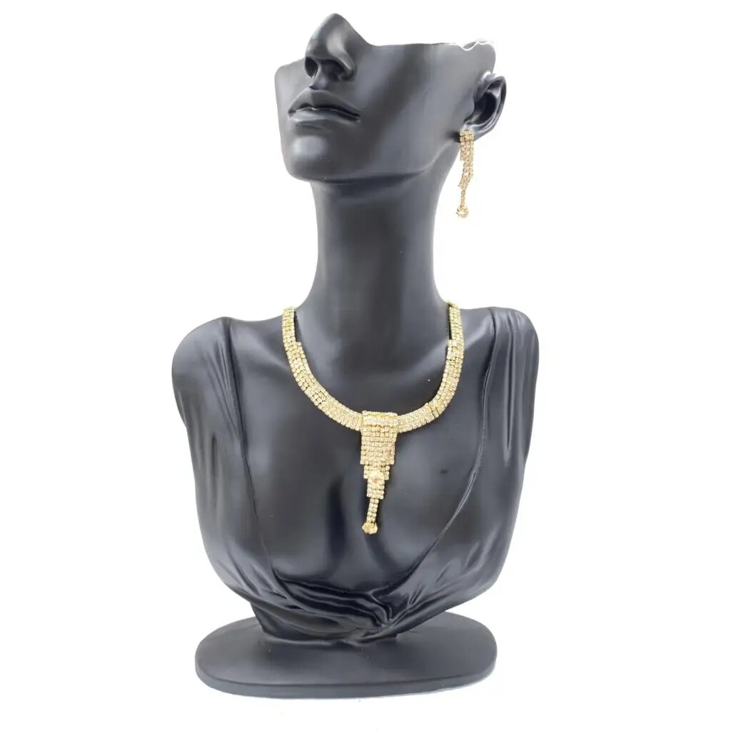 Dubai Gold Color  Jewelry Sets Nigerian Wedding African Beads Crystal Bridal Long Drop Rhinestone Ethiopian Jewelry parure