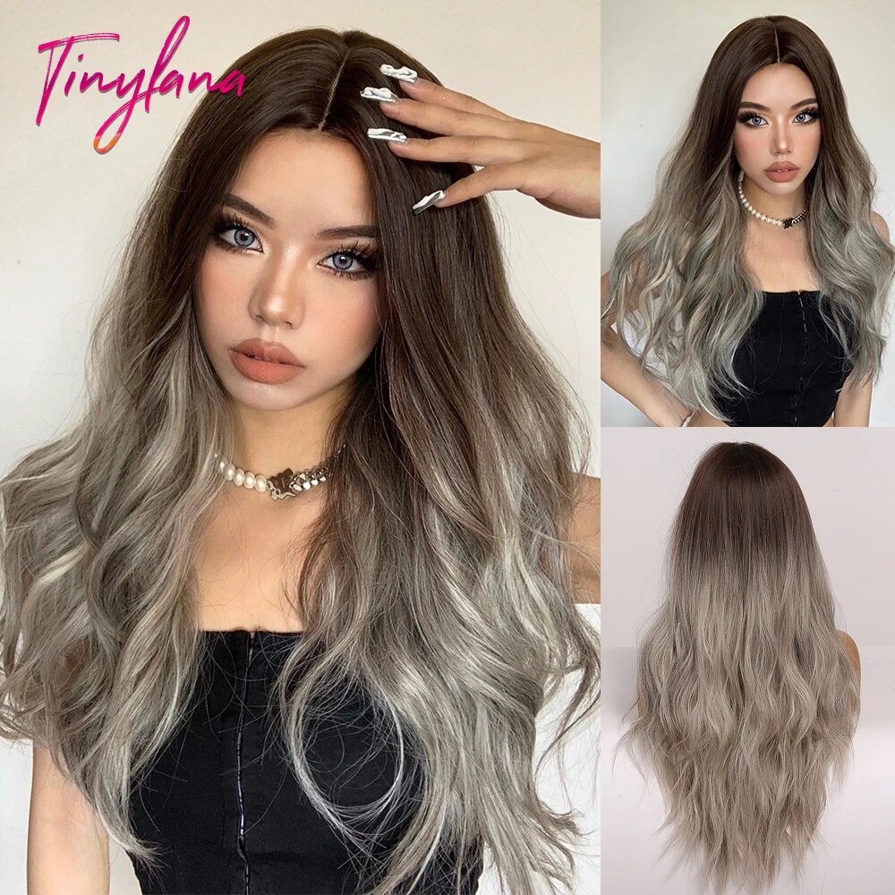 TINY LANA Synthetic Long Ombre Black Brown Blonde Big Loose Wave Wigs For Women Middle Part Cosplay Party Natural Fake Hair