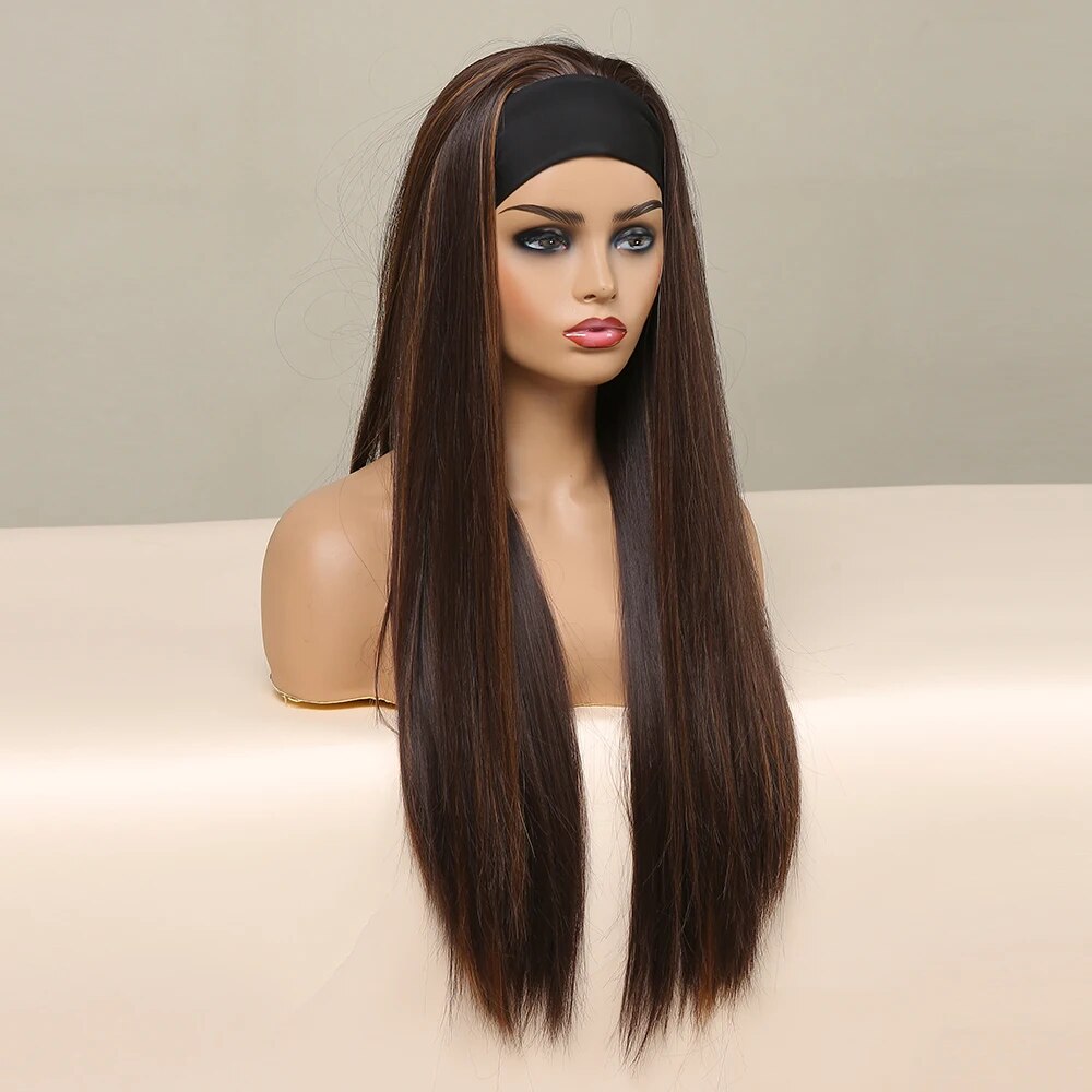 HENRY MARGU Long Straight Headband Wig Synthetic Hair Brown Gloden Highlight Glueless Wigs for Black Women Machine Made Cosplay