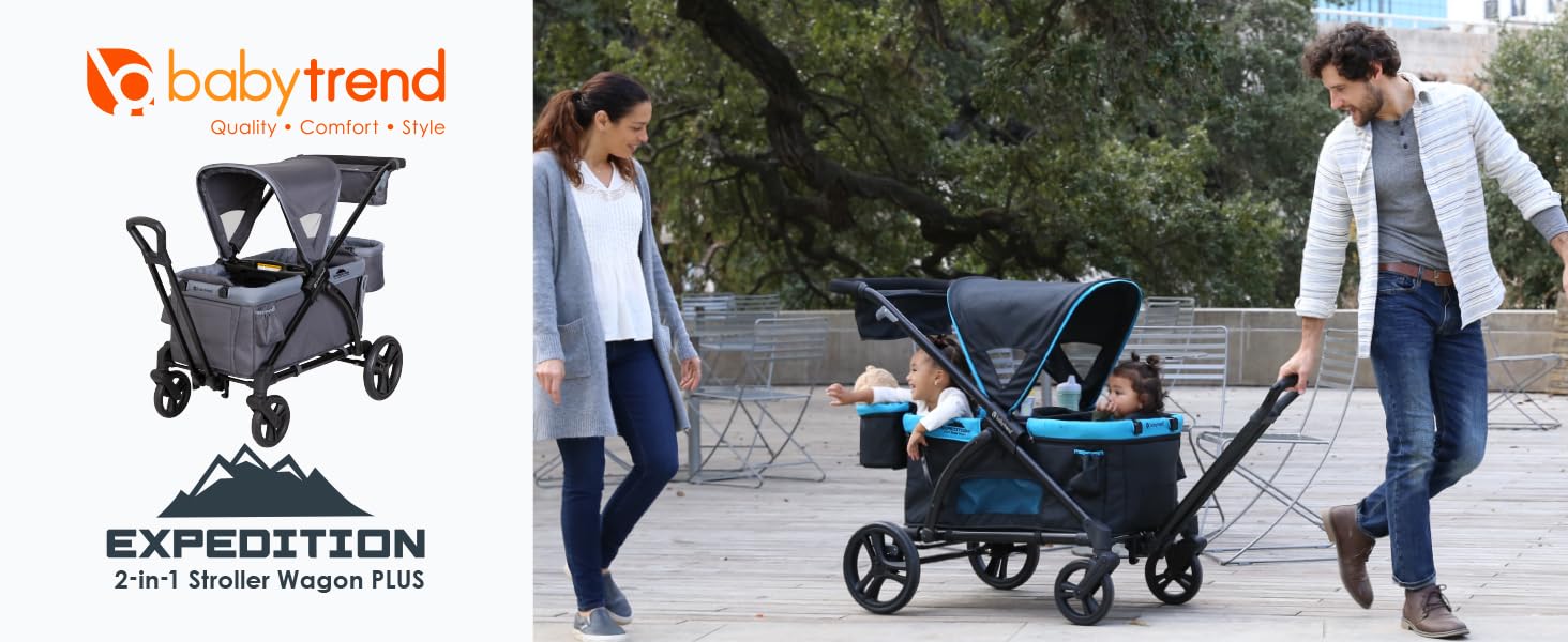 Parents are pushing their two children in the Baby Trend Expedition 2-in-1 Stroller Wagon PLUS