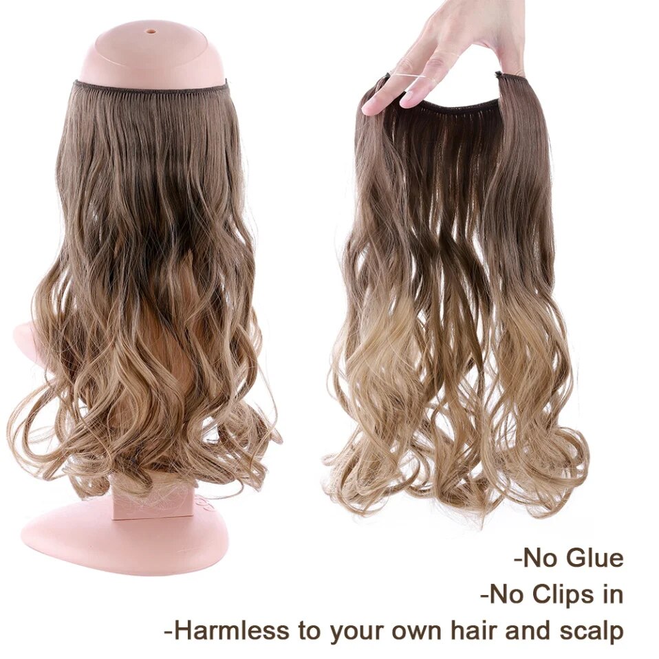 Synthetic Invisible Wire Hair Extensions with Transparent Fish Line Long Wavy Straight  Secret Adjustable Wire Hairpiece 20inch